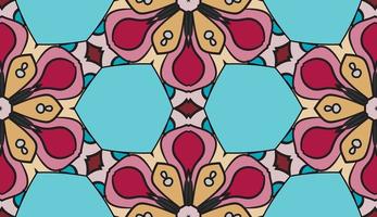 Abstract colorful doodle geometric flower seamless pattern. Floral background. Kaleidoscope mosaic, geo tile of thin line ornament. vector