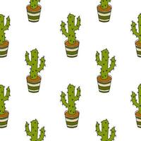 Cartoon doodle cactus in the pot seamless pattern. Potted flower background. vector