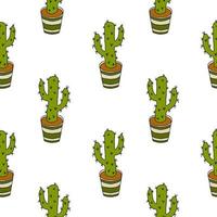 Cartoon doodle cactus in the pot seamless pattern. Potted flower background. vector