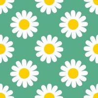 Abstract cute white Chamomile flower in flat style seamless pattern. Floral Daisy meadow Polka dot background on green. Wrapping paper, textile, fabric. vector