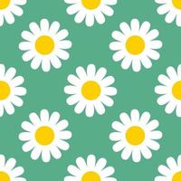 Abstract cute white Chamomile flower in flat style seamless pattern. Floral Daisy meadow Polka dot background on green. Wrapping paper, textile, fabric. vector