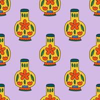 Cute cartoon doodle empty vase with floral ornament seamless pattern. Vase background. vector