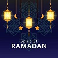 Spirit Of Ramadan vector poster. Lanterns, stars and moons over ornamental background. Greetings card