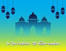 Greeting of marhaban ya ramadhan with lettering. Ied Mubarak, elegant gradient background Template vector