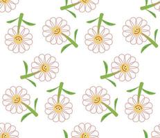 Cute cartoon flower characters in flat style seamless pattern. Floral childlike style mosaic background. vector