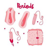 Hand drawn doodle vector set of hygiene products for menstruation