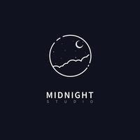 logotipo de medianoche studios monoline. con la luna y el hermoso cielo oscuro. vector de logotipo lineal