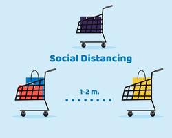 Covid-19 Crisis. Social distance preventing infection concept. There are shopping carts in cartoon vector style for your design.