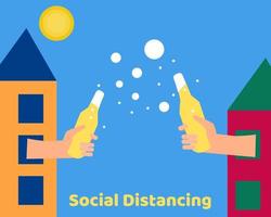 Social Distancing with COVID-19 crisis concept. There are two hands from their apartments hold bottle of cold beer for celebrate together. Protect corona virus. Cartoon vector style for your