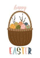 Happy Easter vector card with egg, spring flowers, bunny. Hand drawn Spring template for postcards, flyers, banners.