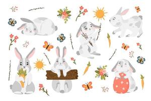 feliz día de pascua pegatinas colección colorida con lindo conejito, pájaros, huevos, pastelitos dulces, flores de primavera y otros elementos. conjunto de iconos de Pascua aislado en blanco. ilustración de dibujos animados planos vectoriales. vector