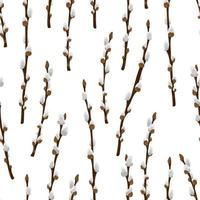 Easter spring twigs blossom pussy willow tree seamless pattern. Vector spring holiday texture in cartoon flat style. Fluffy willow branches background.