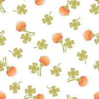 Four leaf clover with pink flower vector seamless pattern. Lucky clover four petals cartoon texture. Shamrock for St. Patrick's Day, Cute hand drawn floral background for fabric, wallpaper, wrap paper