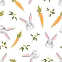 Easter bunny, carrot, chamomile vector seamless pattern. Rabbit, vegetable, flower, holiday texture. Spring background.