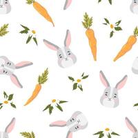 Easter bunny, carrot, chamomile vector seamless pattern. Rabbit, vegetable, flower, holiday texture. Spring background.