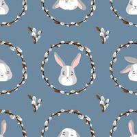 Easter pussy willow wreath and bunny seamless pattern. Spring branches vignette with rabbits, hares holiday texture. Happy Easter background. Fluffy willow vector design for textile, wallpaper, print
