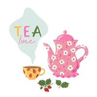 Afternoon tea time card. Tea cup and teapot vector illustration. Porcelain crockery with tea time phrase isolated on white background. Decorative dishware with hot drink. English breakfast beverage.