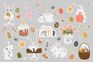 Happy Easter day stickers colorful collection with cute bunny and Easter's elements. Vector flat cartoon illustration.