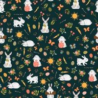 Easter bunny, carrot, flowers, eggs, willow vector seamless pattern. Rabbit, vegetable, butterfly, holliday texture. Spring background.