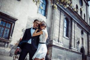 happy and loving couple walking and make photo in the old city