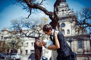 happy and loving couple walking and make photo in the old city