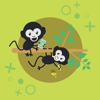 Little monkey playing on the tree with banana and smartphone vector