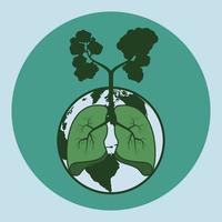 Lung, globe and silhoutte of tree in dark green. Tree the lung of world concept vector