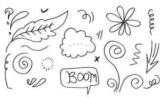 leaves, hearts, abstract, swirl, arrows and other elements in hand drawn styles for concept designs. Doodle illustration. Vector template for decoration