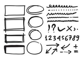 Doodle vector lines and curves.Hand drawn check and arrows signs. Set of simple doodle lines, curves, frames and spots. Collection of pencil effects. Doodle border. Simple doodle set.