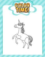 Worksheets template with color time text and Unicorn outline vector