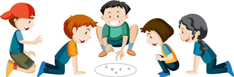 Children playing marbles on white background