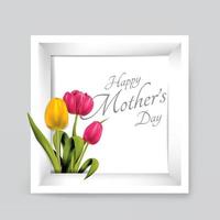 Happy Mother's day card a beautiful photo frame with colorful tulips and handwritten calligraphy. Vector illustration.