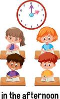 English prepositions of time with set of kids learning at 2 pm vector