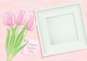 Happy Mother's Day, Mother's Day concept. top view flat lay photo frame and Tulip flowers Holiday background, greeting card