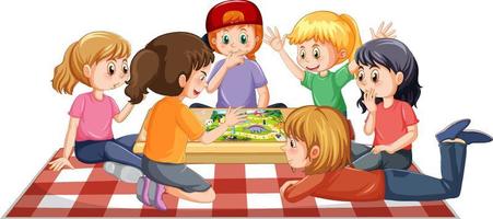 Happy kids playing boardgame on white background vector