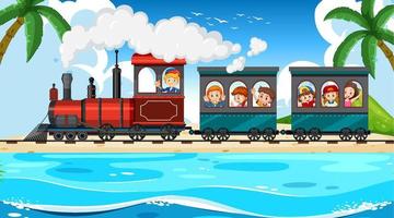 Many kids riding train on the beach vector