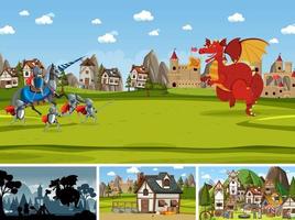 Set of different scene medieval with silhouette vector