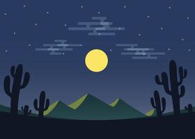 Night desert landscape with mountain and cactus. Vector illustration