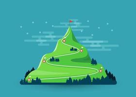 Trail to target. Climbing hiking. Flag on the mountain peak. Way to successful Business. Vector illustration