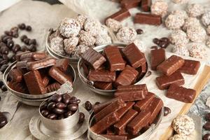 Assortment of delicious chocolate candies background. Chocolate candy isolated. photo