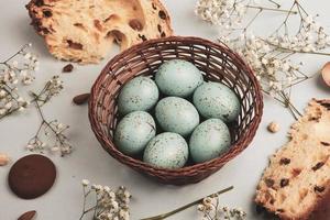 Hand painted pastel colored Easter eggs background. Happy Easter greeting card or invitation. photo