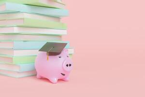 Stack of books and piggy bank in graduation hat photo