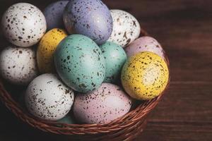 Hand painted pastel colored Easter eggs background. Happy Easter greeting card or invitation. photo