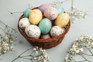 Hand painted pastel colored Easter eggs background. Happy Easter greeting card or invitation. photo