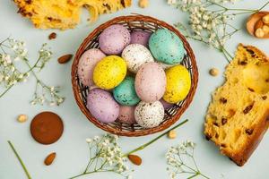 Hand painted pastel colored Easter eggs background. Happy Easter greeting card or invitation. photo