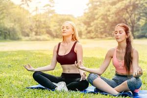 bellas chicas adolescentes amigas hacen yoga para unas vacaciones saludables en un parque verde sentado relajarse mano loto ojos cerrados postura de concentración.