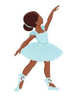 Illustration, a little ballerina in a pale blue dress and pointe shoes with ribbons. Girl dancing. Print, clip-art, vector