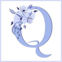 letra q decorada con flores y hojas, delicados colores lilas. ilustración, icono, diseño para invitación de boda, decoración vector