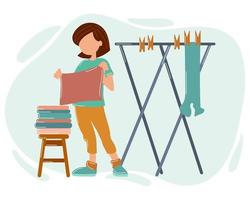 ilustración de la tarea, una mujer linda cuelga la ropa para secarla en una secadora. colores pastel concepto de limpieza. vector