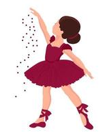 Illustration, a little ballerina in a burgundy dress and pointe shoes with ribbons. Girl dancing. Print, clip-art, vector